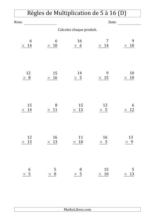 Règles de Multiplication de 5 à 16 (25 Questions) (D)