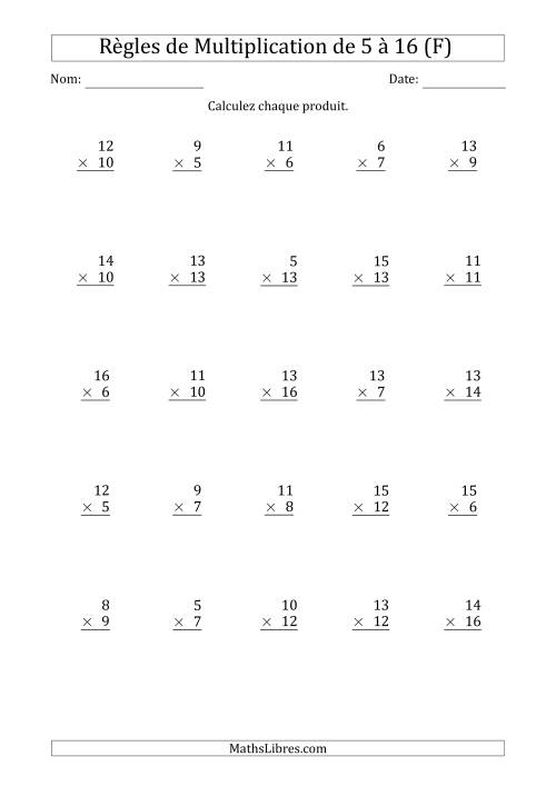 Règles de Multiplication de 5 à 16 (25 Questions) (F)