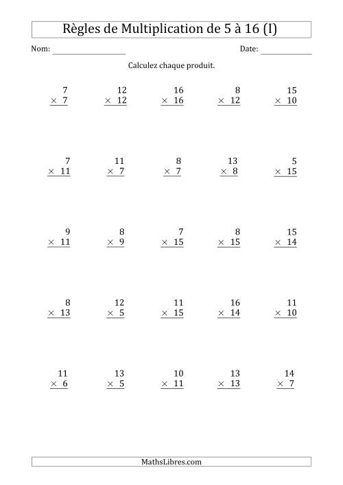 Règles de Multiplication de 5 à 16 (25 Questions) (I)