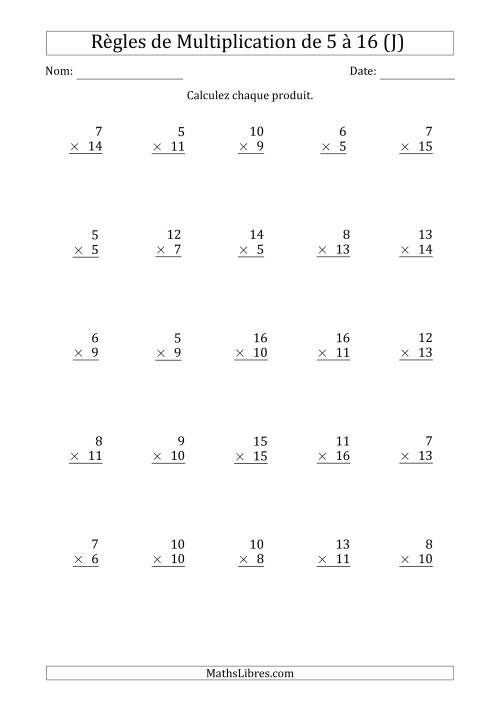 Règles de Multiplication de 5 à 16 (25 Questions) (J)