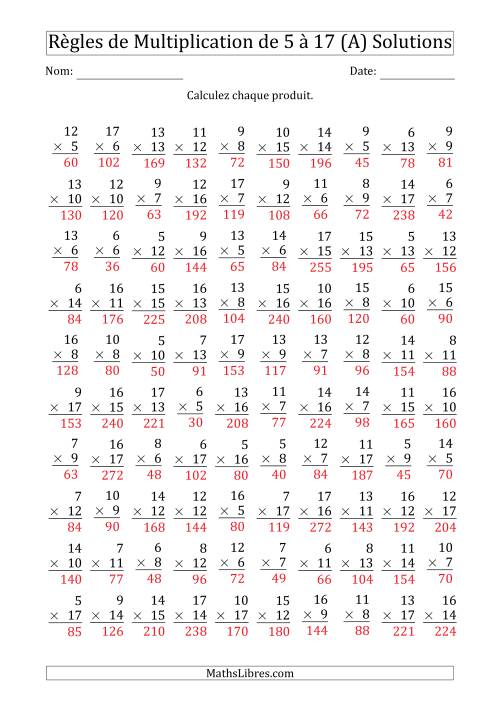 Règles de Multiplication de 5 à 17 (100 Questions) (A) page 2