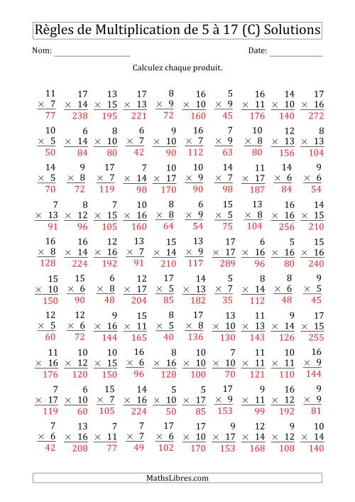 Règles de Multiplication de 5 à 17 (100 Questions) (C) page 2