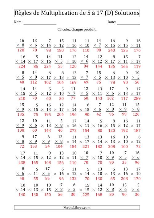 Règles de Multiplication de 5 à 17 (100 Questions) (D) page 2