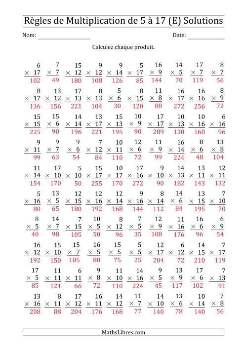 Règles de Multiplication de 5 à 17 (100 Questions) (E) page 2