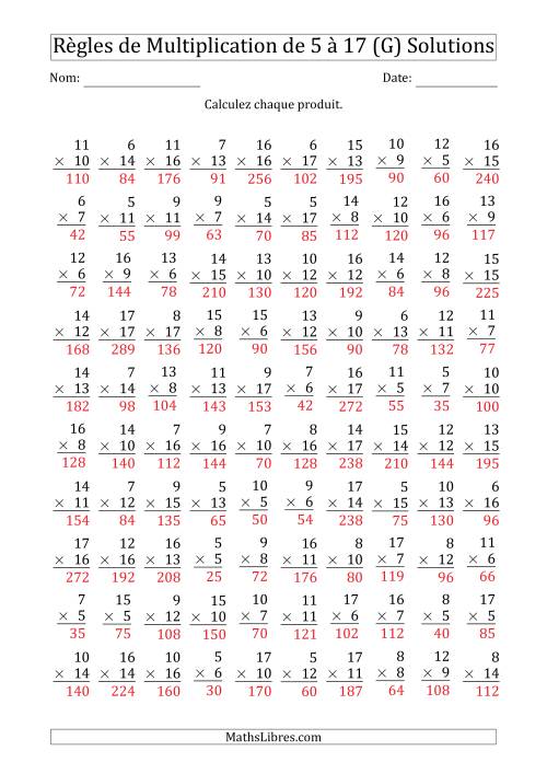 Règles de Multiplication de 5 à 17 (100 Questions) (G) page 2