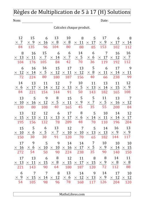 Règles de Multiplication de 5 à 17 (100 Questions) (H) page 2