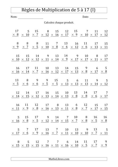 Règles de Multiplication de 5 à 17 (100 Questions) (I)