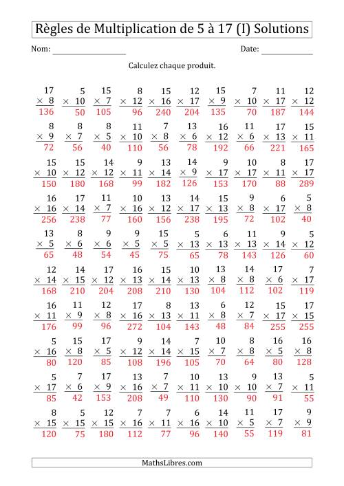 Règles de Multiplication de 5 à 17 (100 Questions) (I) page 2