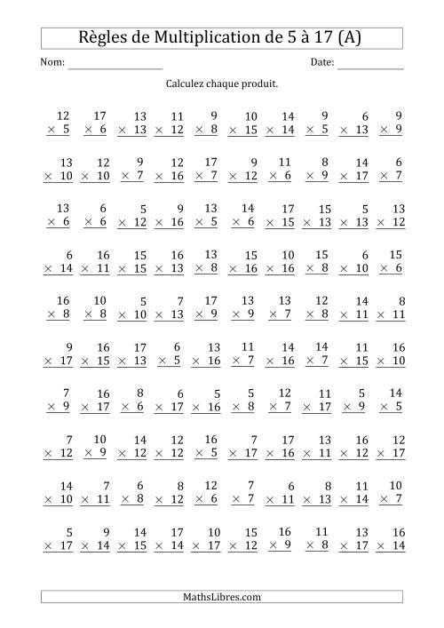 Règles de Multiplication de 5 à 17 (100 Questions) (Tout)