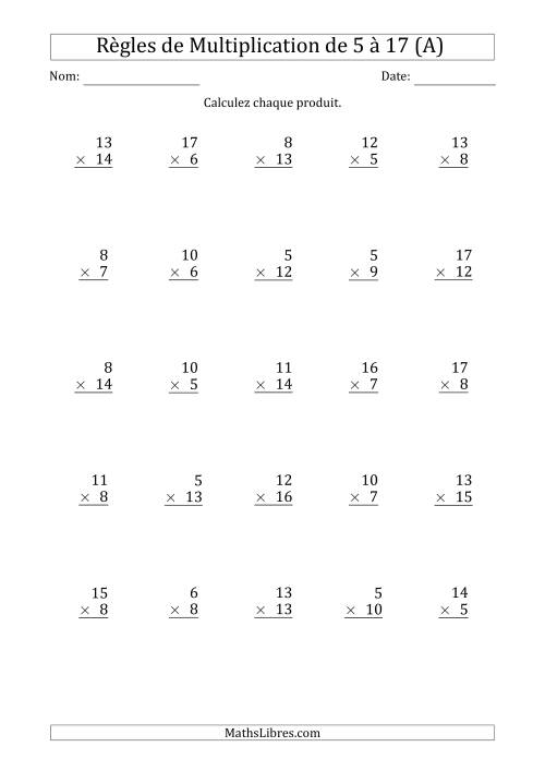 Règles de Multiplication de 5 à 17 (25 Questions) (A)