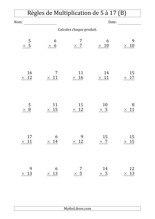 Règles de Multiplication de 5 à 17 (25 Questions) (B)