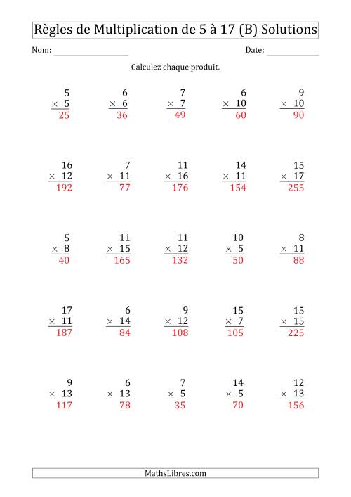 Règles de Multiplication de 5 à 17 (25 Questions) (B) page 2