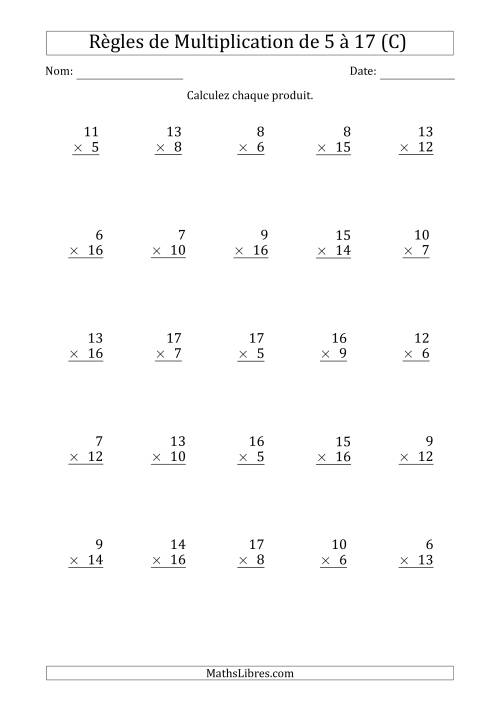 Règles de Multiplication de 5 à 17 (25 Questions) (C)