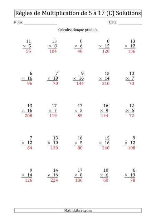 Règles de Multiplication de 5 à 17 (25 Questions) (C) page 2