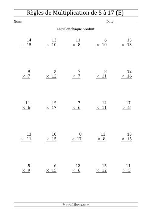 Règles de Multiplication de 5 à 17 (25 Questions) (E)