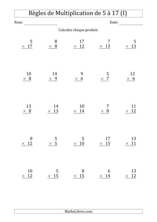 Règles de Multiplication de 5 à 17 (25 Questions) (I)