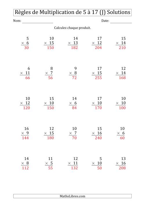 Règles de Multiplication de 5 à 17 (25 Questions) (J) page 2