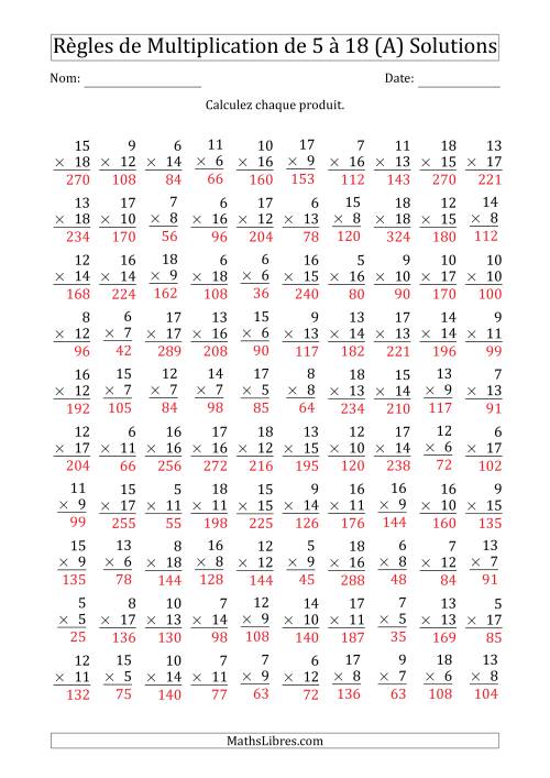 Règles de Multiplication de 5 à 18 (100 Questions) (A) page 2
