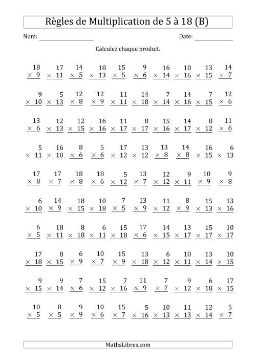 Règles de Multiplication de 5 à 18 (100 Questions) (B)