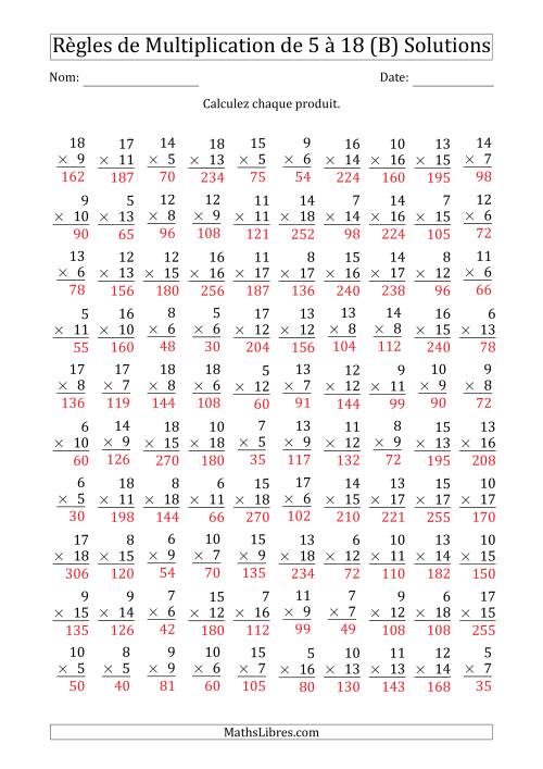 Règles de Multiplication de 5 à 18 (100 Questions) (B) page 2