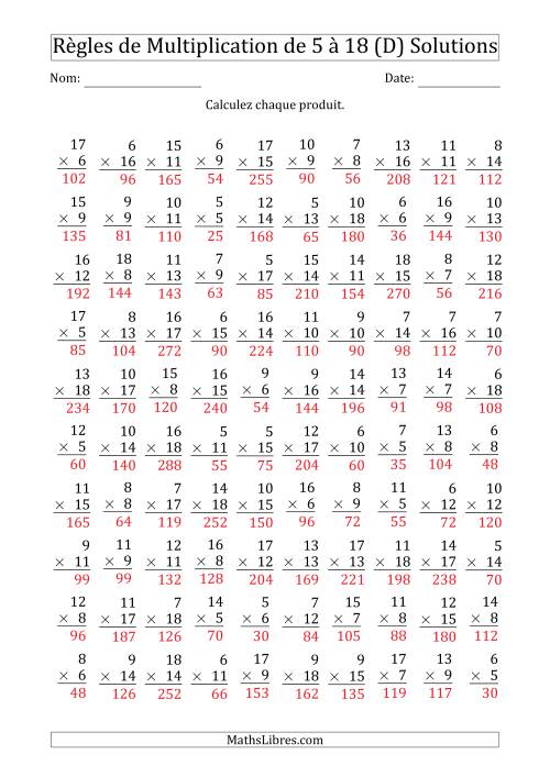 Règles de Multiplication de 5 à 18 (100 Questions) (D) page 2