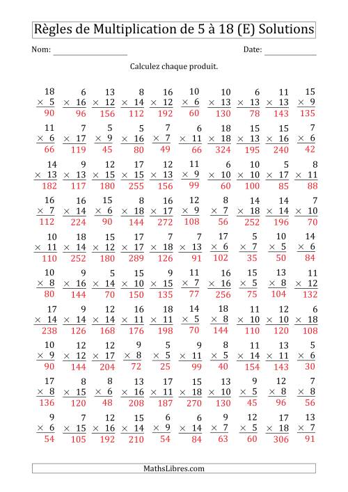 Règles de Multiplication de 5 à 18 (100 Questions) (E) page 2