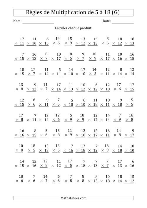 Règles de Multiplication de 5 à 18 (100 Questions) (G)