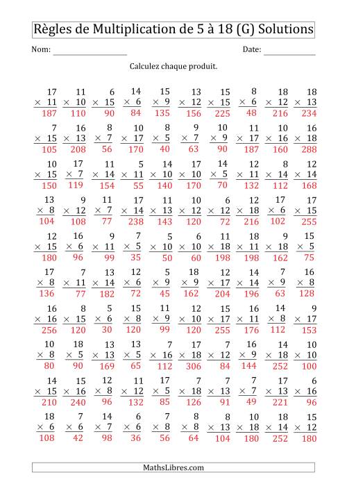 Règles de Multiplication de 5 à 18 (100 Questions) (G) page 2
