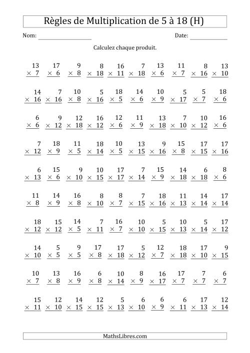 Règles de Multiplication de 5 à 18 (100 Questions) (H)
