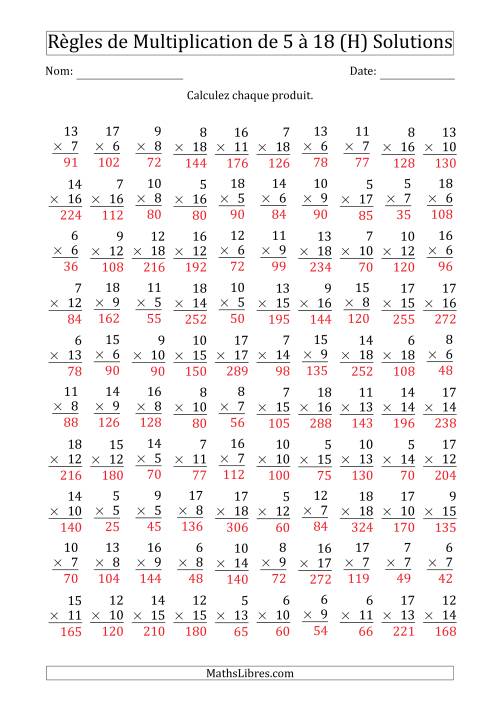 Règles de Multiplication de 5 à 18 (100 Questions) (H) page 2