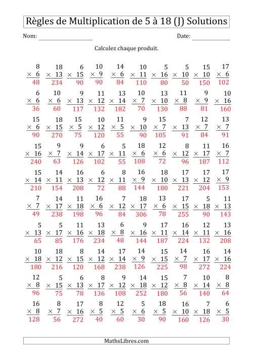 Règles de Multiplication de 5 à 18 (100 Questions) (J) page 2
