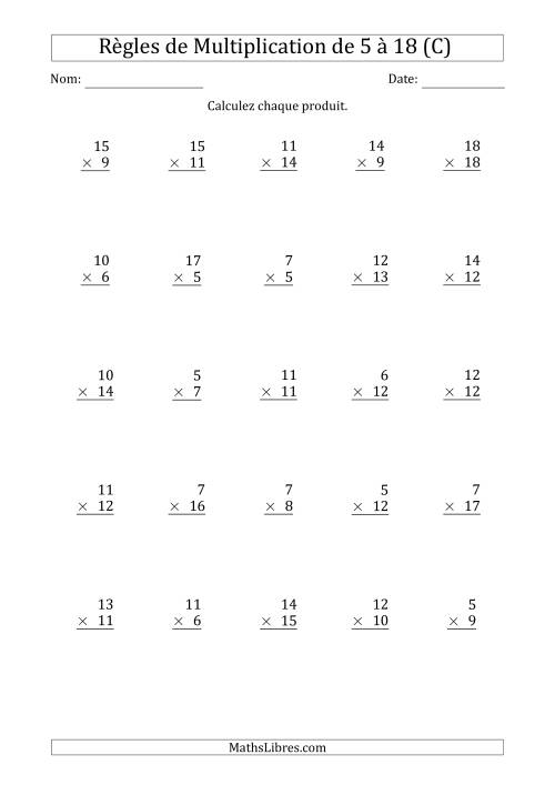 Règles de Multiplication de 5 à 18 (25 Questions) (C)