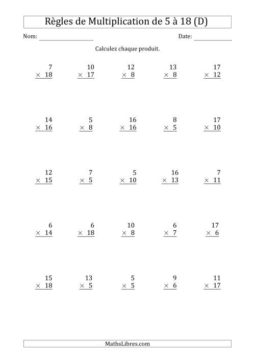 Règles de Multiplication de 5 à 18 (25 Questions) (D)