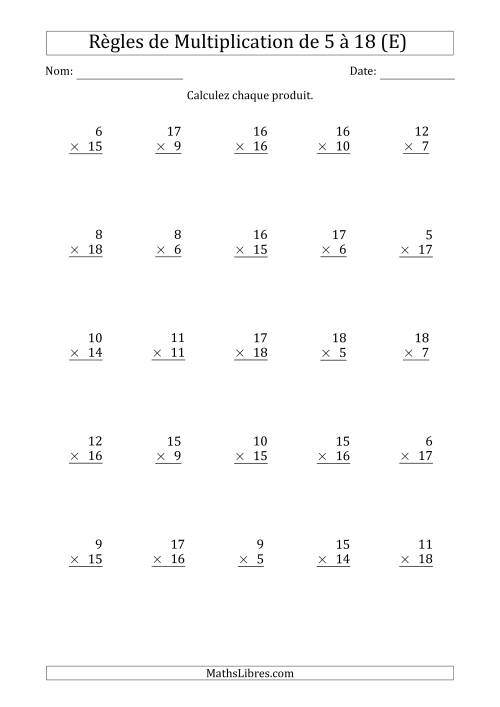Règles de Multiplication de 5 à 18 (25 Questions) (E)