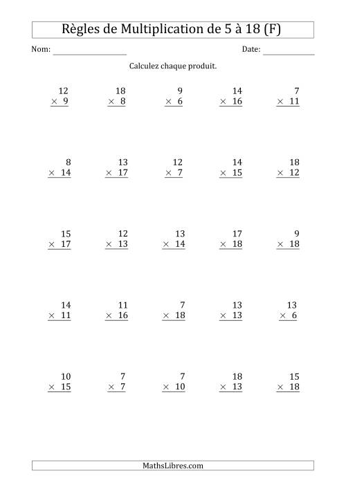 Règles de Multiplication de 5 à 18 (25 Questions) (F)