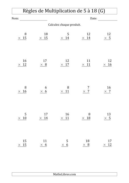 Règles de Multiplication de 5 à 18 (25 Questions) (G)