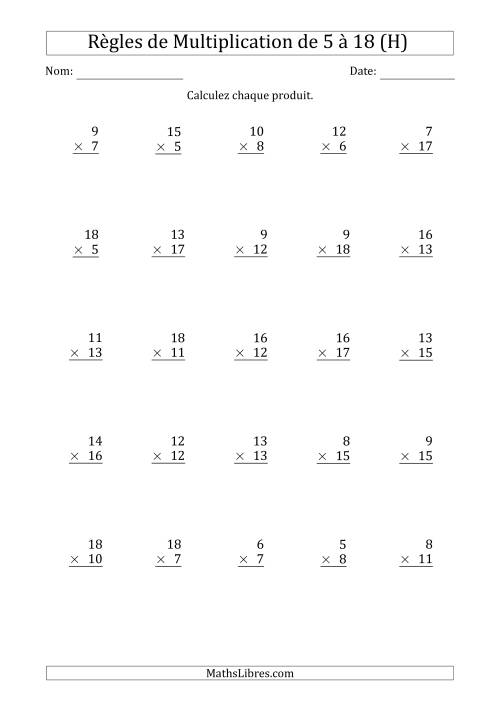 Règles de Multiplication de 5 à 18 (25 Questions) (H)
