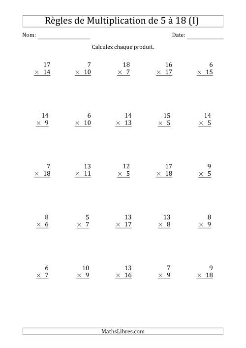Règles de Multiplication de 5 à 18 (25 Questions) (I)