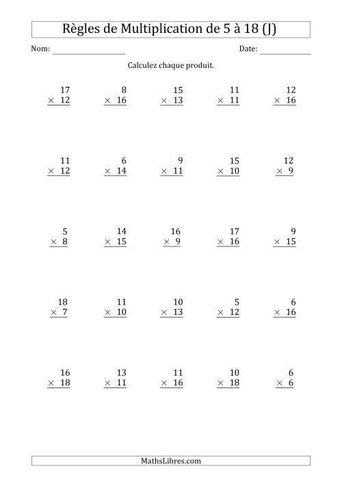Règles de Multiplication de 5 à 18 (25 Questions) (J)