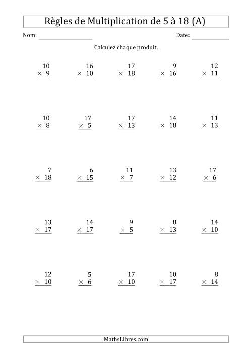 Règles de Multiplication de 5 à 18 (25 Questions) (Tout)