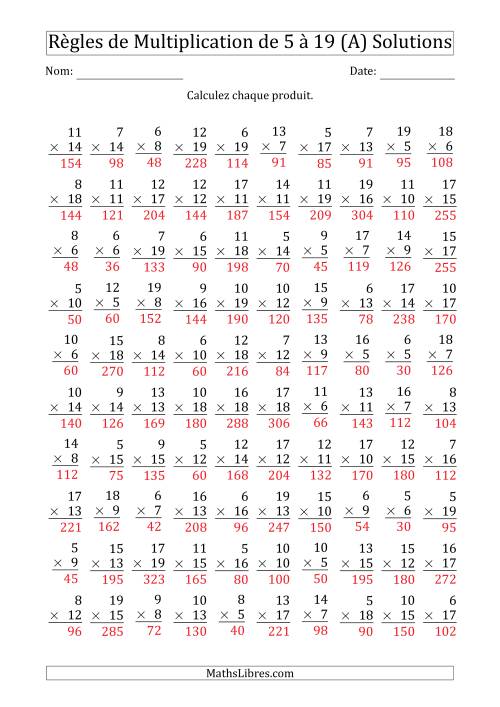 Règles de Multiplication de 5 à 19 (100 Questions) (A) page 2