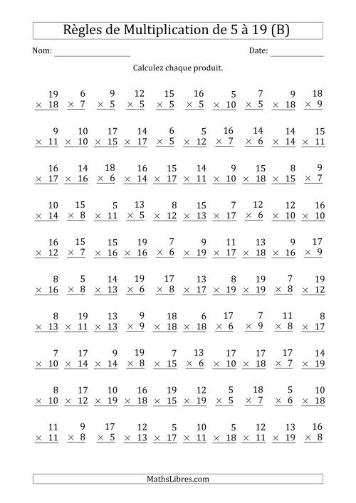 Règles de Multiplication de 5 à 19 (100 Questions) (B)