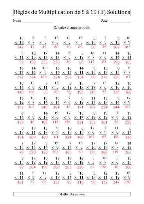 Règles de Multiplication de 5 à 19 (100 Questions) (B) page 2