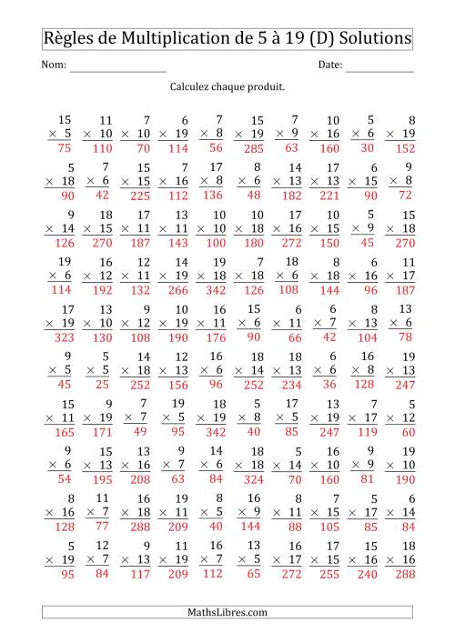 Règles de Multiplication de 5 à 19 (100 Questions) (D) page 2