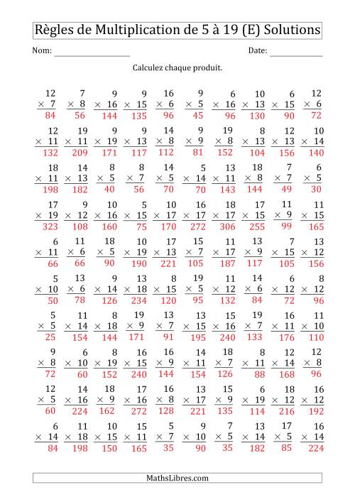 Règles de Multiplication de 5 à 19 (100 Questions) (E) page 2