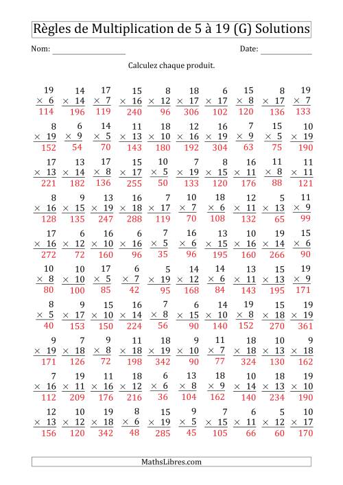 Règles de Multiplication de 5 à 19 (100 Questions) (G) page 2