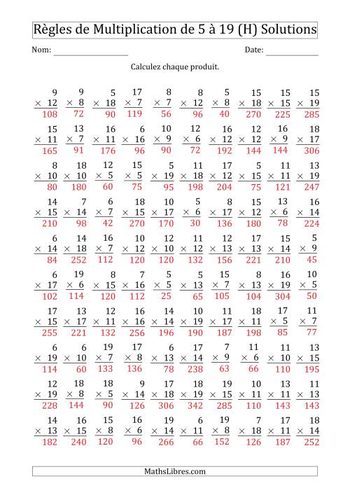 Règles de Multiplication de 5 à 19 (100 Questions) (H) page 2