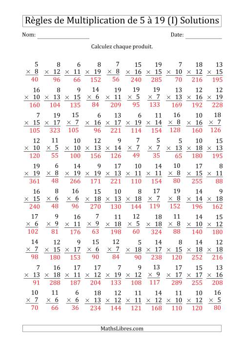 Règles de Multiplication de 5 à 19 (100 Questions) (I) page 2