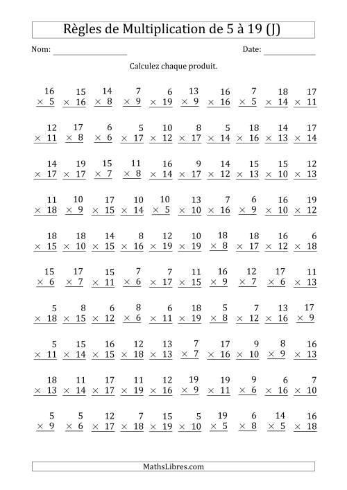 Règles de Multiplication de 5 à 19 (100 Questions) (J)
