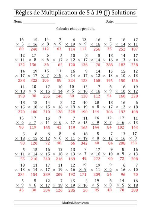 Règles de Multiplication de 5 à 19 (100 Questions) (J) page 2